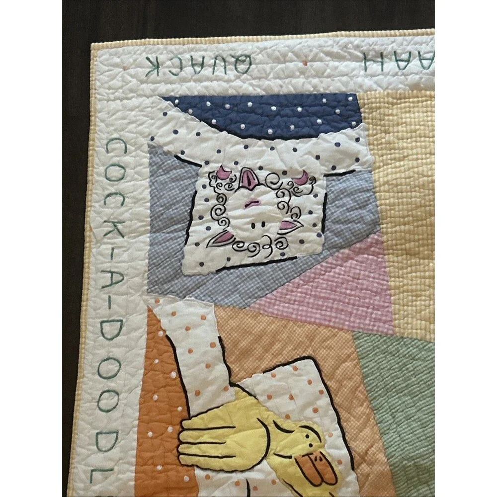 Vtg Barnyard Baby Quilt Crib Size Chickens Duck Cow Gingham And Crib Dust Ruffle